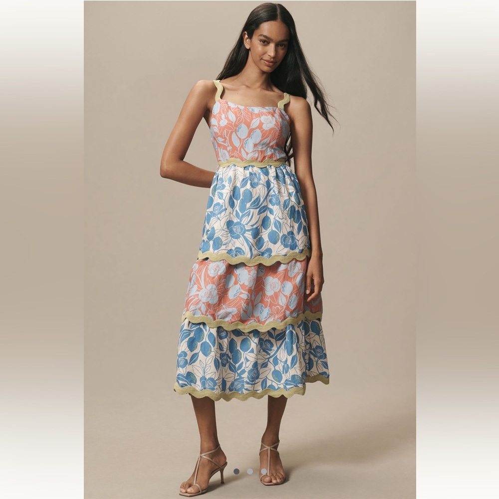 NWT Farm Rio Linen Blend Tiered Rickrack Midi Dress Large - Picture 1 of 10